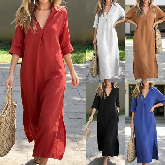 【Pago contra entrega】【40-100 kg】Vestido largo de lino para verano, escote en V, abertura lateral, cómodo