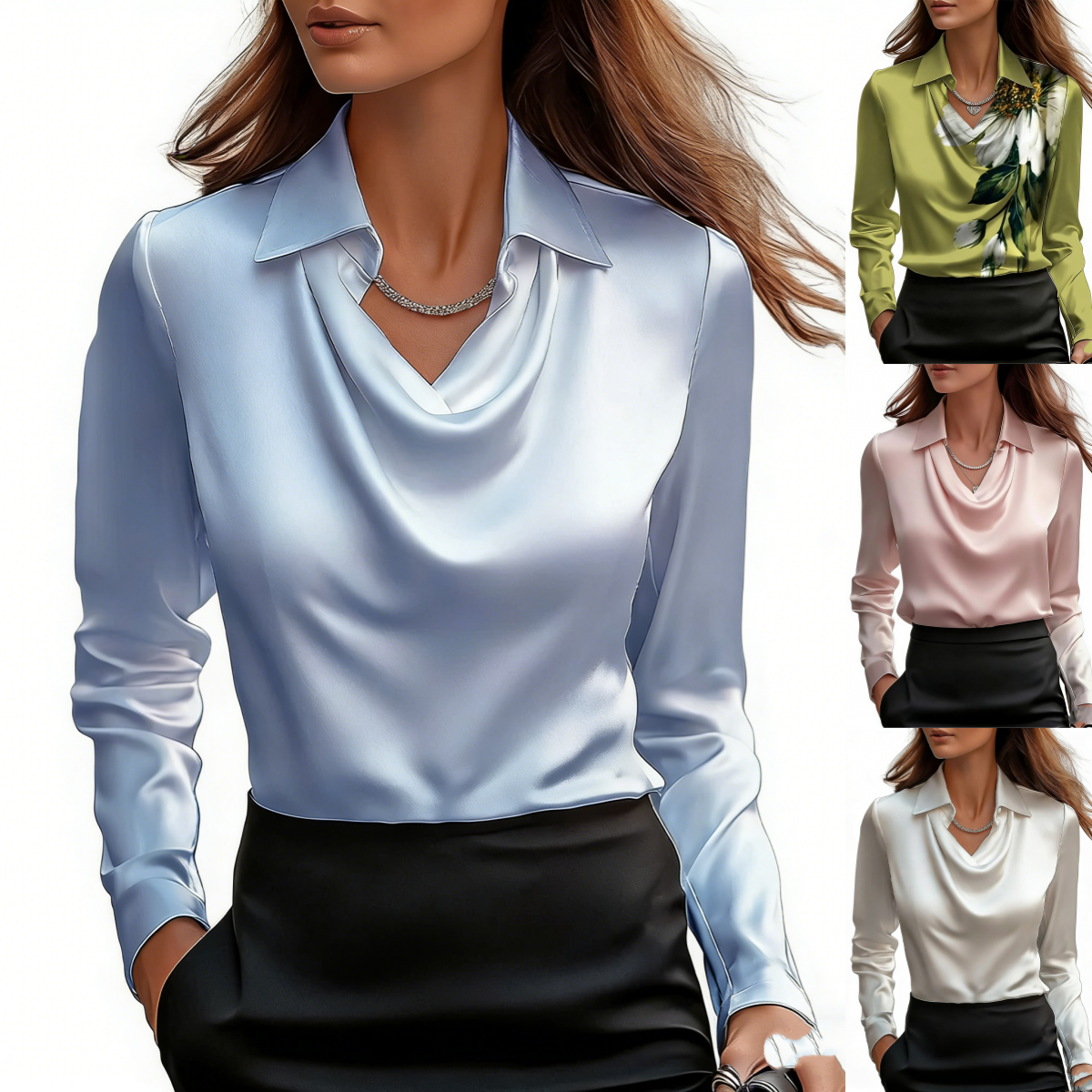 【40-100KG】Camisa de mujer con estampado y cuello en color liso