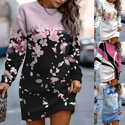 [S-3XL] 2024 nuevo vestido sudadera casual estampado con cuello redondo para mujer otoño e invierno