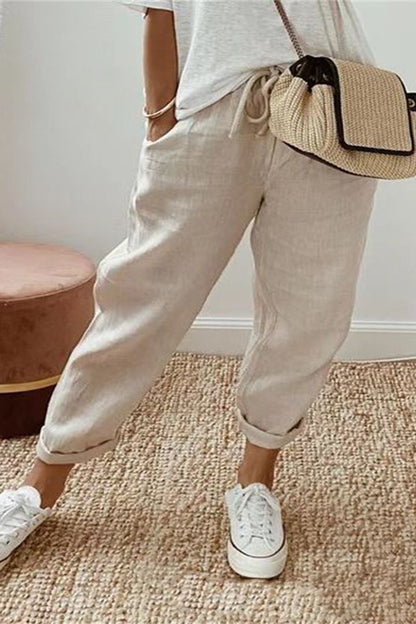 Pantalones casuales de algodón y lino para mujer