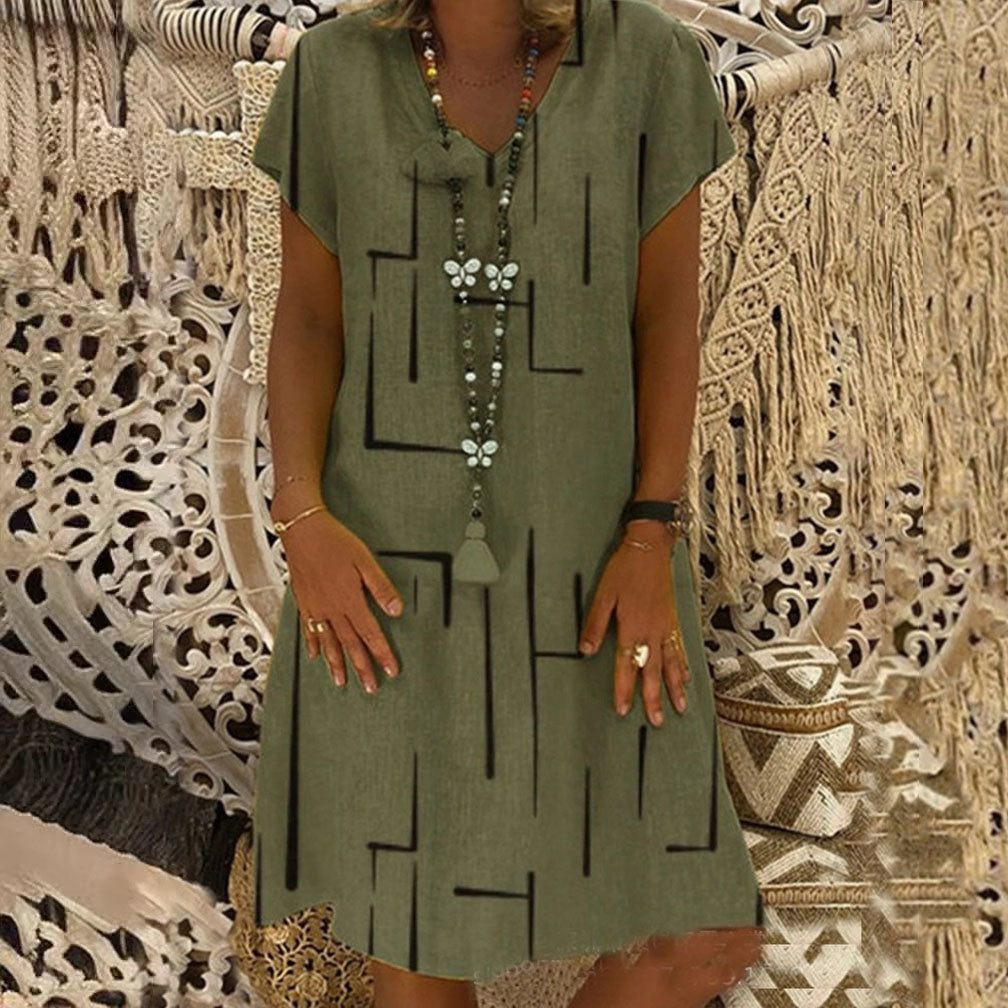 Vestido estampado de lino y algodón con cuello en V, color oro puro, 2026 - Oferta