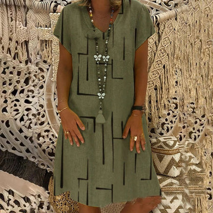 Vestido estampado de lino y algodón con cuello en V, color oro puro, 2026 - Oferta