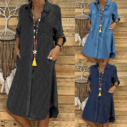 【S-5XL】Vestido vaquero informal de color liso para mujer, talla grande