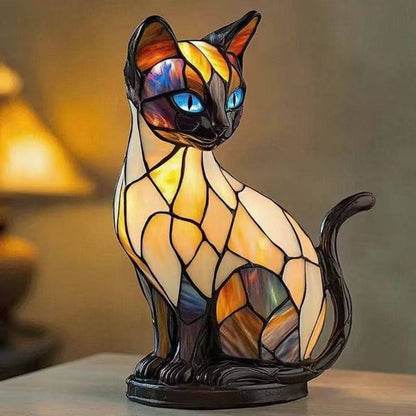 Lámpara de mesa con forma de gato y perro, una luz de noche retro, hecha de resina coloreada, con temática de gatos y perros.