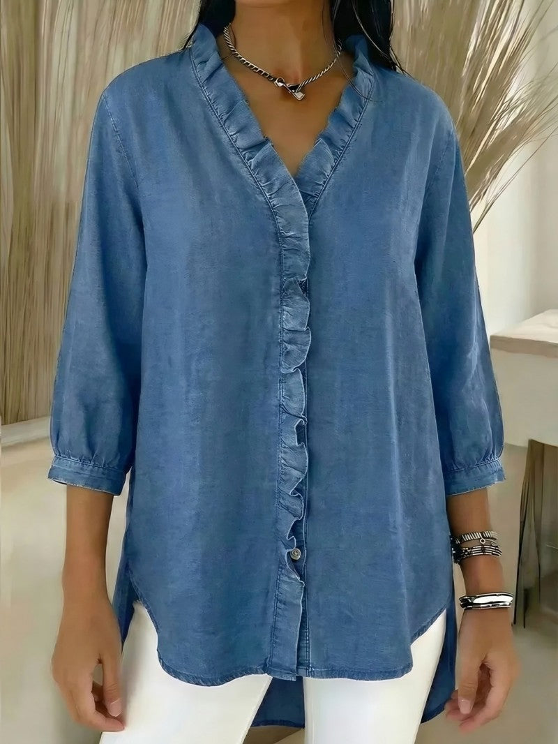 【40-100kg】Camisa vaquera informal para mujer con cuello en V y volantes
