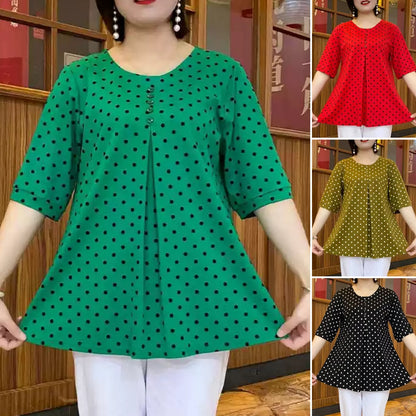 Camisa de manga corta con estampado de lunares de nuevo estilo,Cubre la barriga y te hace lucir delgada,Tela cómoda que no se decolora