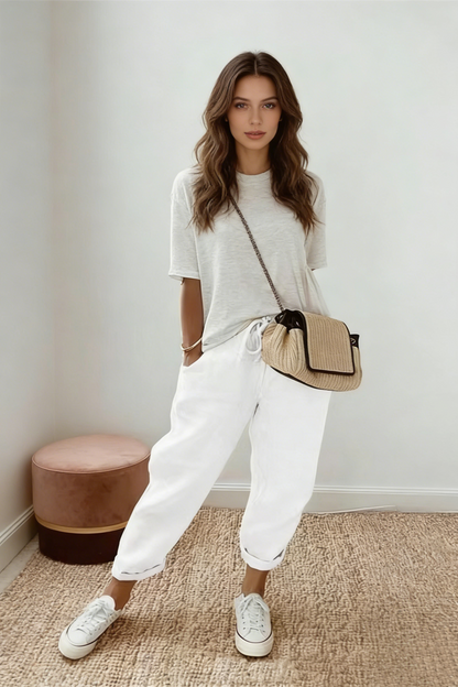Pantalones casuales de algodón y lino para mujer