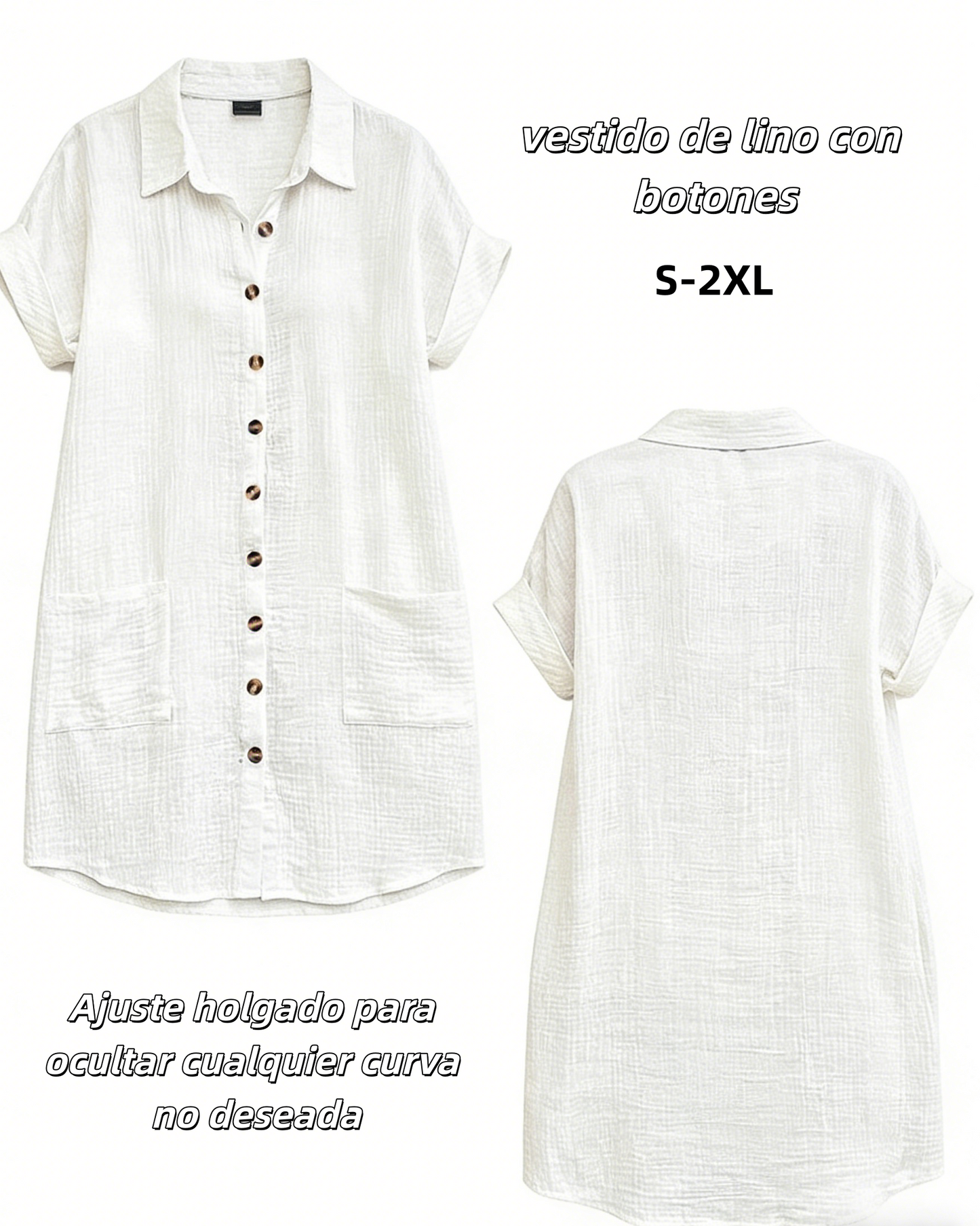 【S-2XL】2026 Vestido suelto de lino y algodón de manga corta y largo medio con botones