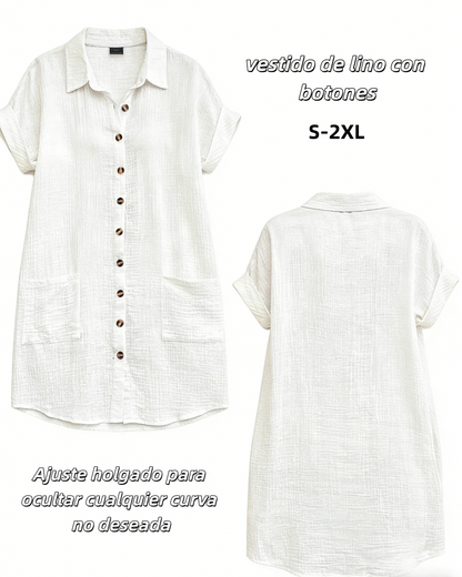 【S-2XL】2026 Vestido suelto de lino y algodón de manga corta y largo medio con botones