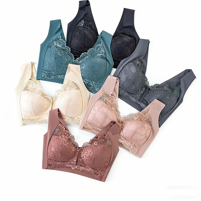 【Conjunto de 5 piezas】【40-100KG】Sujetador con efecto lifting y precioso encaje en la espalda, talla grande, con corte push-up y cierre frontal