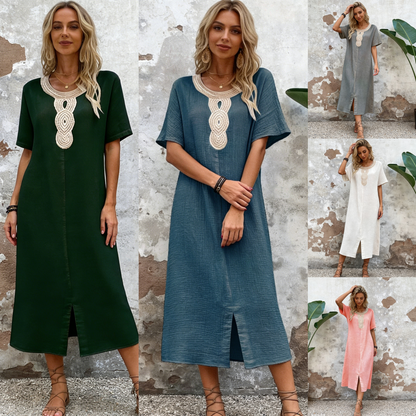 【S-3XL】Vestido de verano holgado para mujer con escote redondo, confeccionado en algodón puro y lino, con abertura.