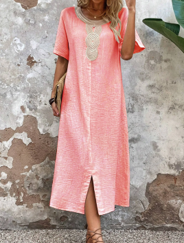 【S-3XL】Vestido de verano holgado para mujer con escote redondo, confeccionado en algodón puro y lino, con abertura.