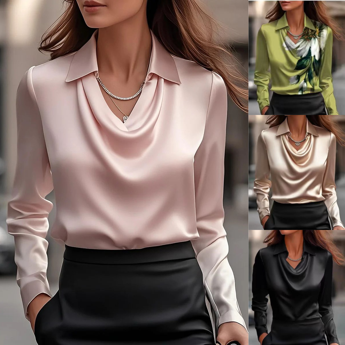 【40-100KG】Camisa de mujer con estampado y cuello en color liso