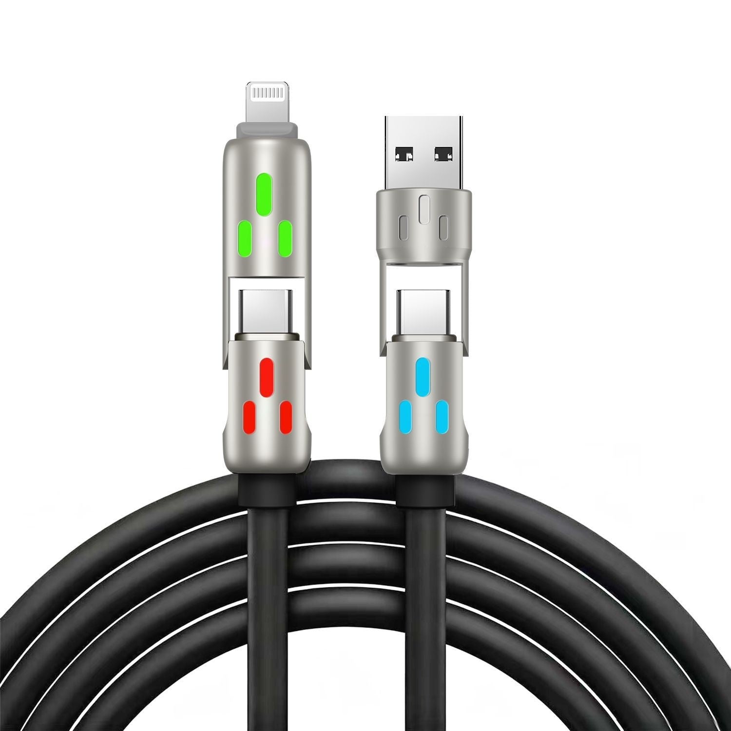 🔥 【2 bucăți la 129 de lei】 🔥 (2 metri lungime) Cablu 4 în 1 PD 240 W – USB-C, Lightning și încărcare rapidă USB-A, aluminiu și silicon, sincronizare date ⚡📱