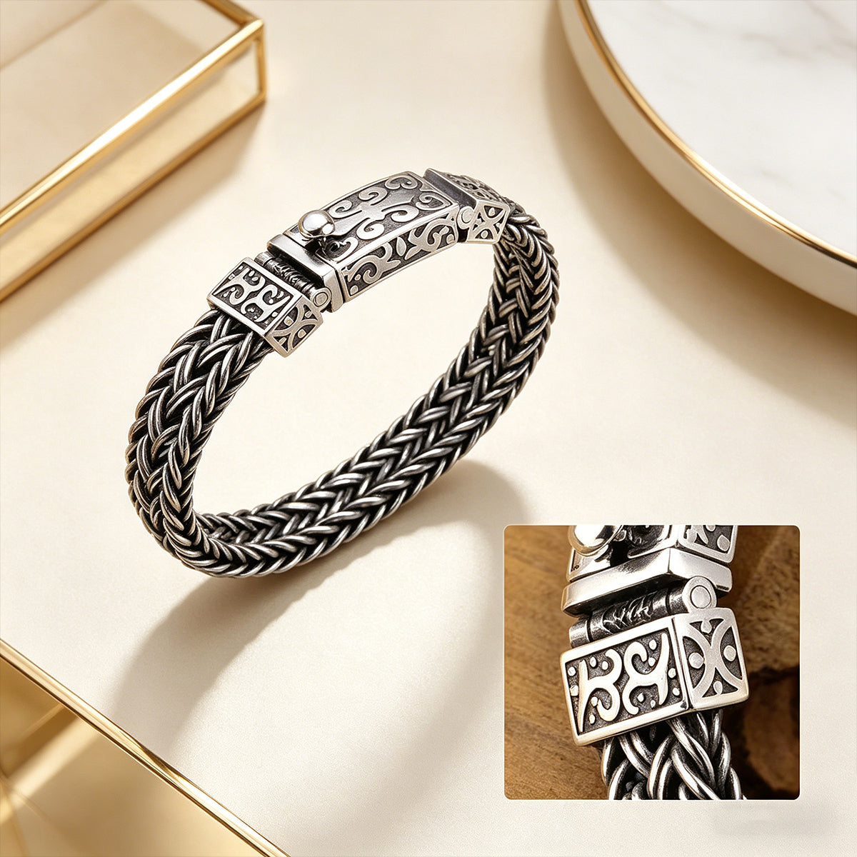【Descuento】Pulseras de hombre fabricadas en plata 925, tejidas a mano, anchas y gruesas, estilo retro trendy