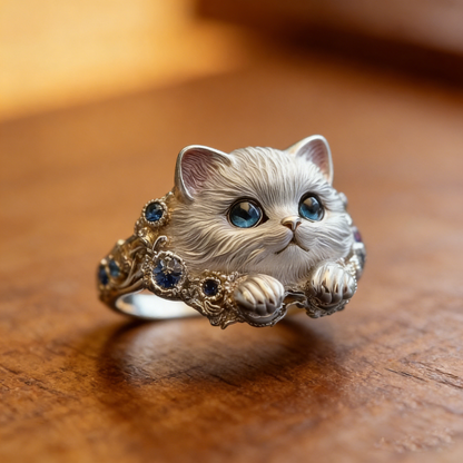 sencillo y elegante anillo de gatito de plata 925 con diamantes.