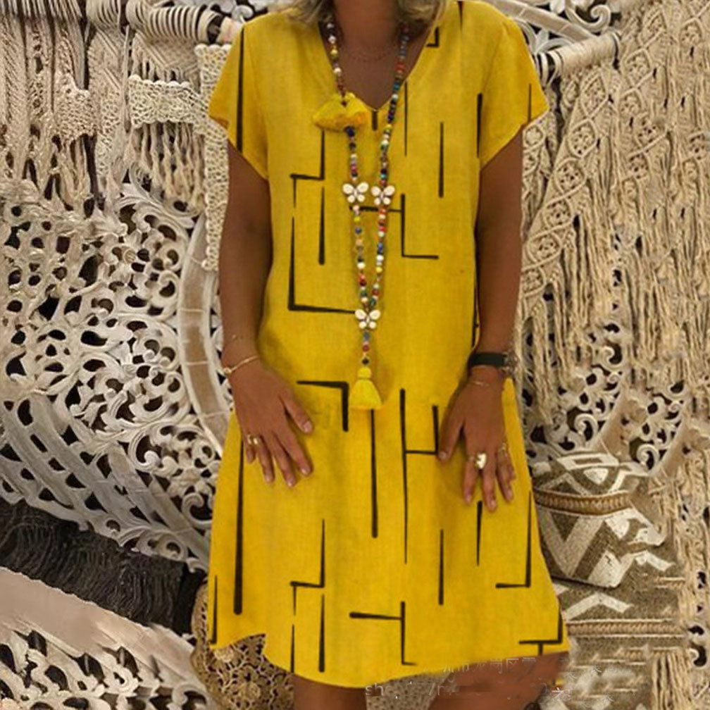 Vestido estampado de lino y algodón con cuello en V, color oro puro, 2026 - Oferta