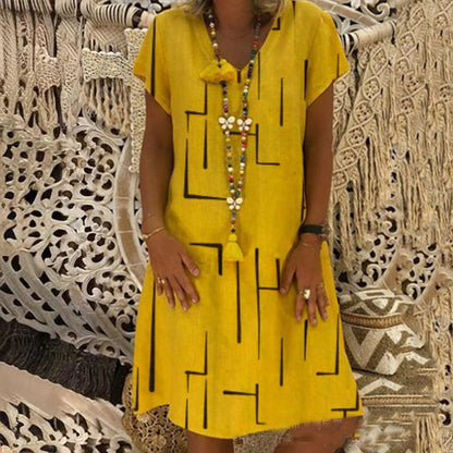 Vestido estampado de lino y algodón con cuello en V, color oro puro, 2026 - Oferta