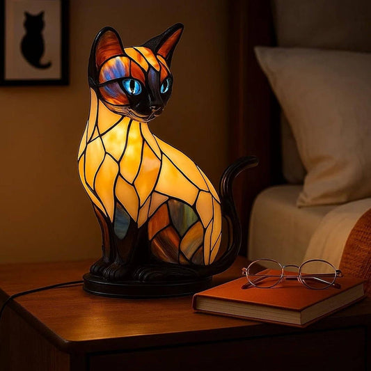 Lámpara de mesa con forma de gato, lámpara de noche retro fabricada en resina de colores, con temática de gatos