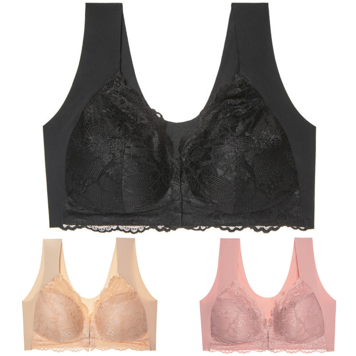 【3 piezas】Sujetador de talla grande con hebilla frontal, sexy, sin aro de acero, ropa interior con espalda hermosa