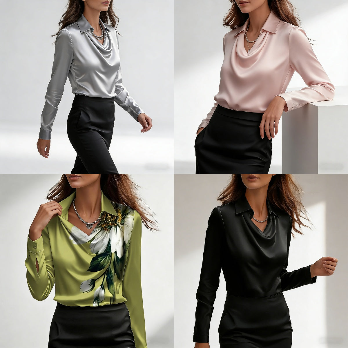 【40-100KG】Camisa de mujer con estampado y cuello en color liso