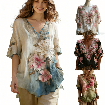 Blusa elegante con cuello en V profundo y estampado floral  Tallas S-4XL
