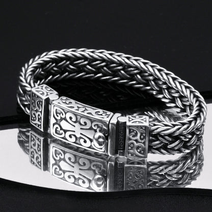 【Descuento】Pulseras de hombre fabricadas en plata 925, tejidas a mano, anchas y gruesas, estilo retro trendy