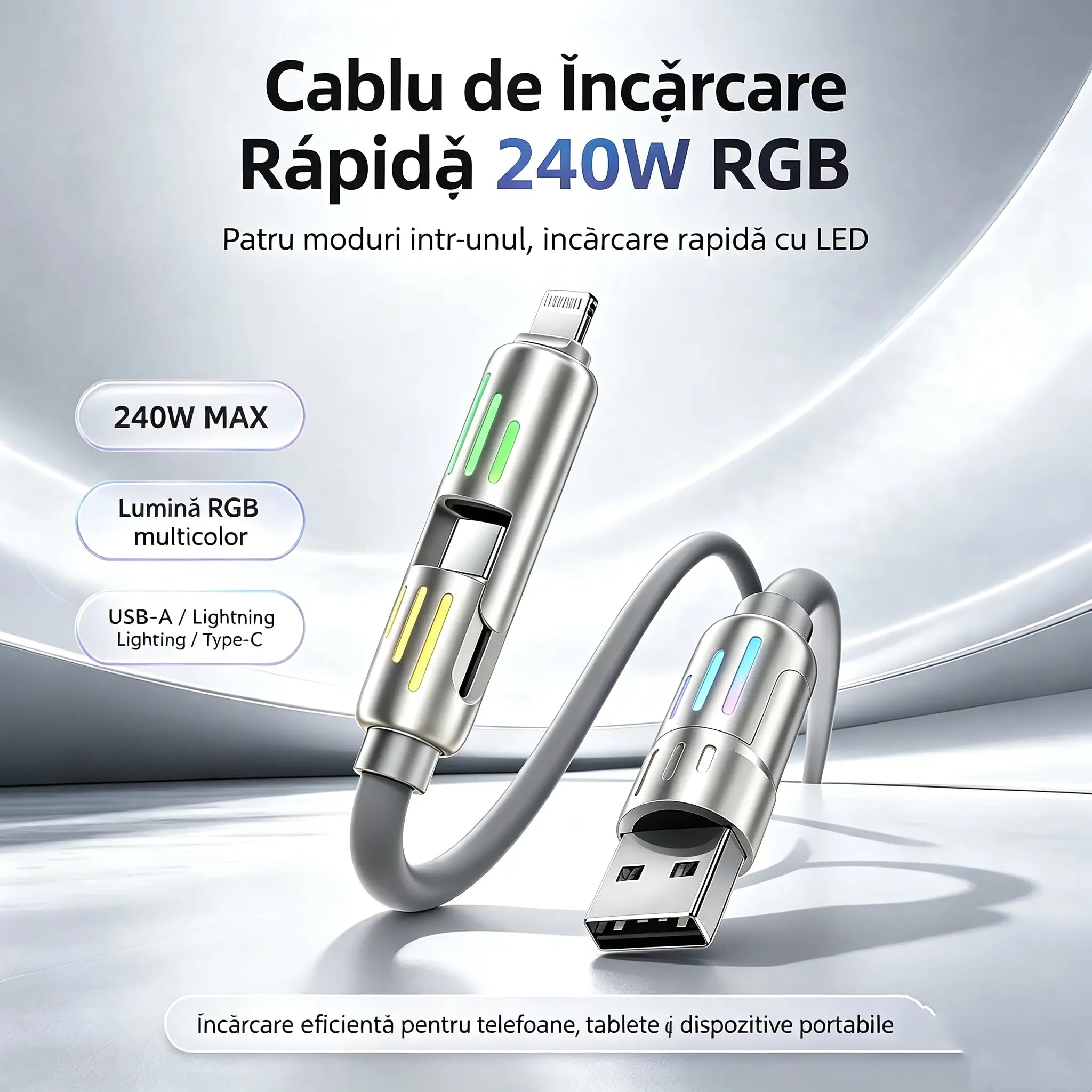 🔥 【2 bucăți la 129 de lei】 🔥 (2 metri lungime) Cablu 4 în 1 PD 240 W – USB-C, Lightning și încărcare rapidă USB-A, aluminiu și silicon, sincronizare date ⚡📱