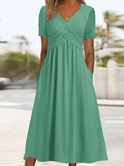 【S-3XL】2026 Vestido casual midi de color sólido Nuevo vestido suelto de manga corta de verano
