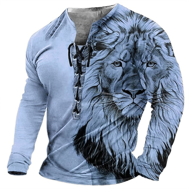 🦁🦁Męski, swobodny T-shirt z długim rękawem i nadrukiem 3D-3995258