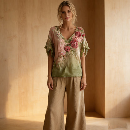 Blusa elegante con cuello en V profundo y estampado floral，Tallas【S-4XL】