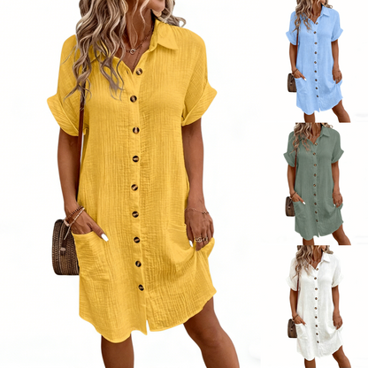 【S-2XL】2026 Vestido suelto de lino y algodón de manga corta y largo medio con botones