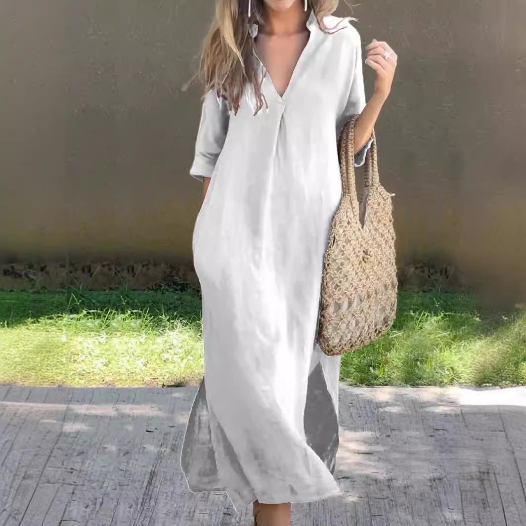 【50% de descuento 】【S–3XL】Vestido maxi de lino para verano, con cuello en V y aberturas laterales, cómodo