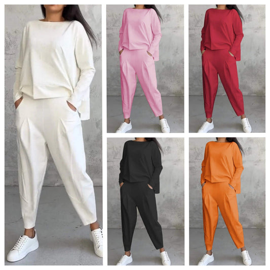 Conjunto de manga larga con blusa de cuello redondo y pantalón largo
