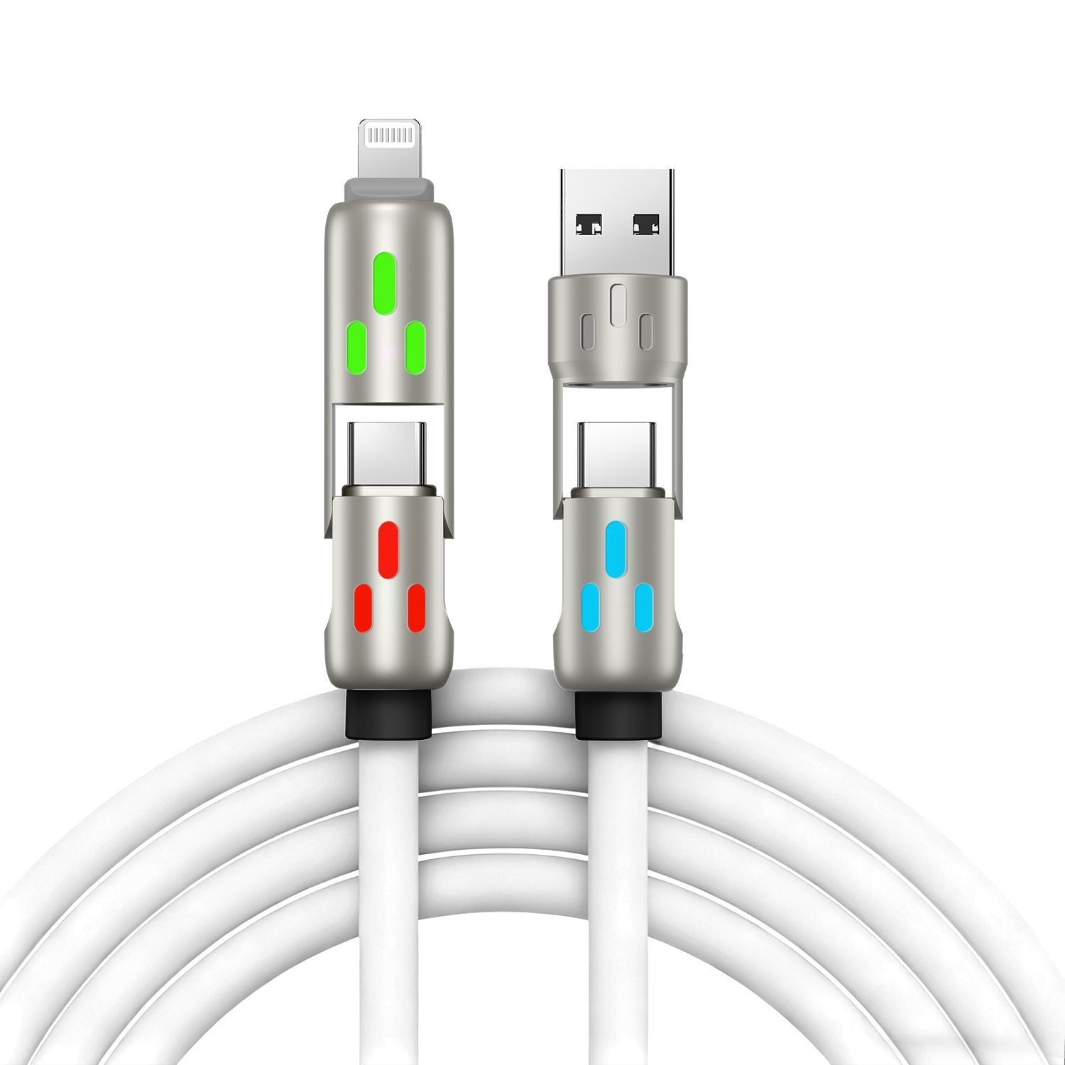 🔥 【2 bucăți la 129 de lei】 🔥 (2 metri lungime) Cablu 4 în 1 PD 240 W – USB-C, Lightning și încărcare rapidă USB-A, aluminiu și silicon, sincronizare date ⚡📱