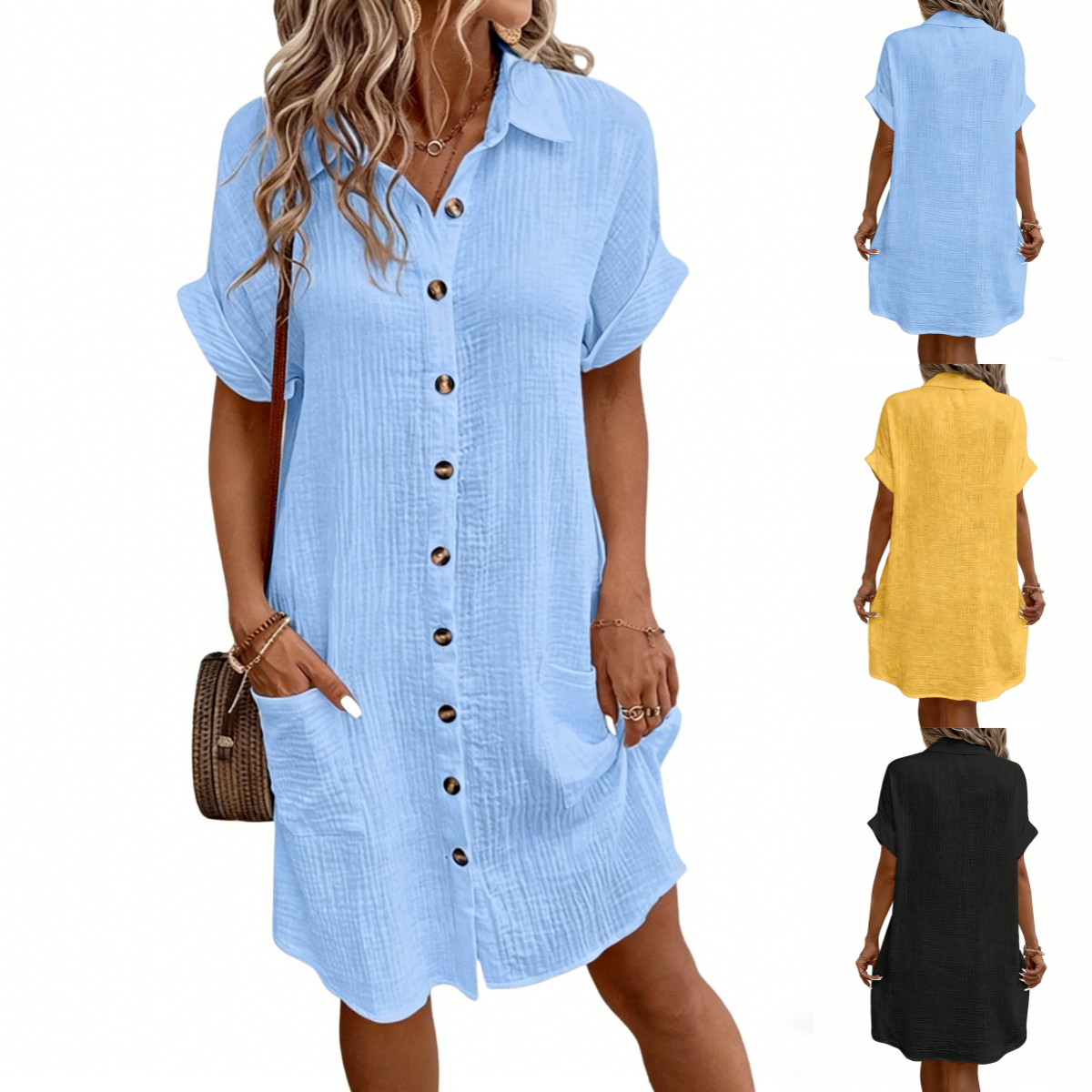 【S-2XL】2026 Vestido suelto de lino y algodón de manga corta y largo medio con botones