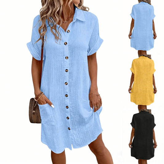 【S-2XL】2026 Vestido suelto de lino y algodón de manga corta y largo medio con botones