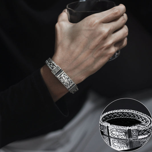 【Descuento】Pulseras de hombre fabricadas en plata 925, tejidas a mano, anchas y gruesas, estilo retro trendy