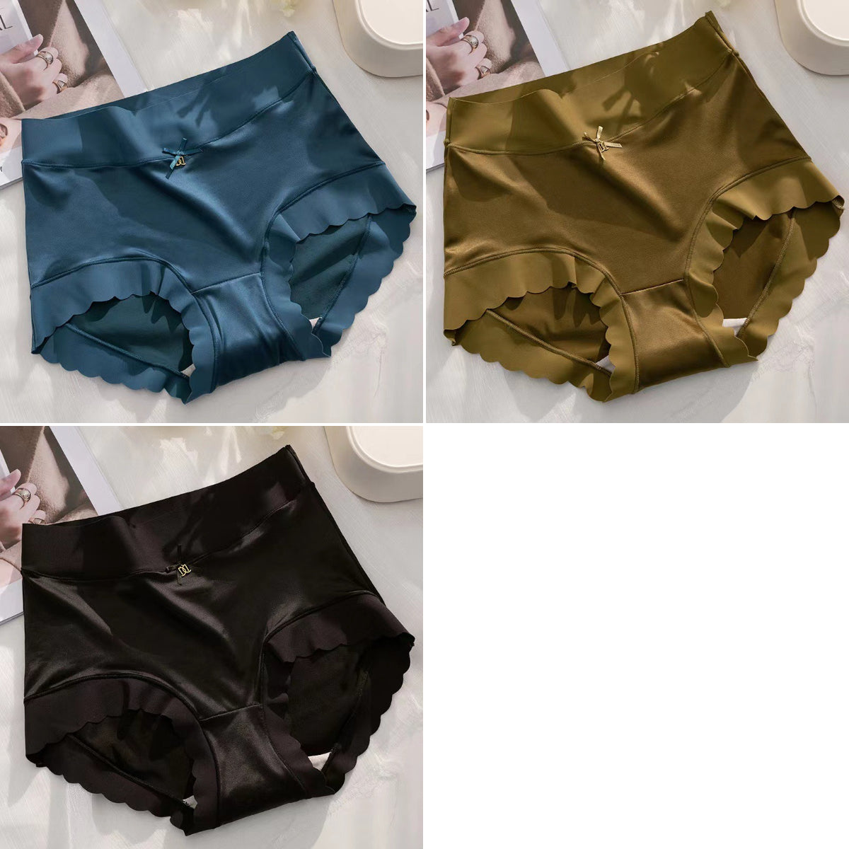 【40-75kg】【Paquete de 3 piezas】 Ropa interior de satén de seda suave, transpirable y elegante