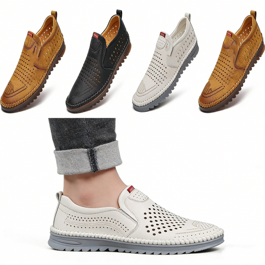 2026 Zapatos casuales transpirables con agujeros, cuero genuino hecho a mano, suela suave, antideslizantes