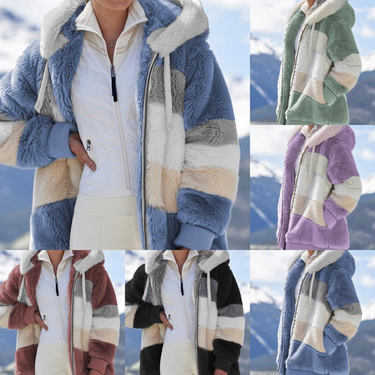 ☃️❄️[N-5XL] 2024. nueva chaqueta navideña de mujer con diseño de rayas y detalles de pelo_3843447