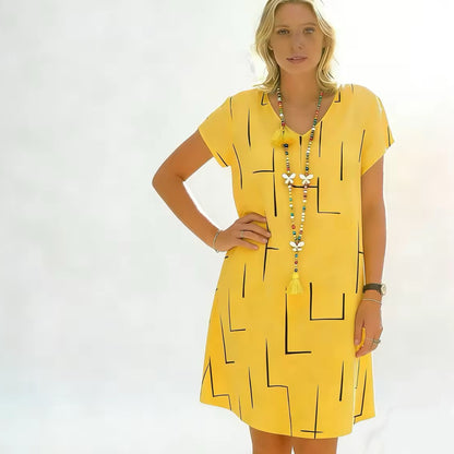 Vestido estampado de lino y algodón con cuello en V, color oro puro, 2026 - Oferta