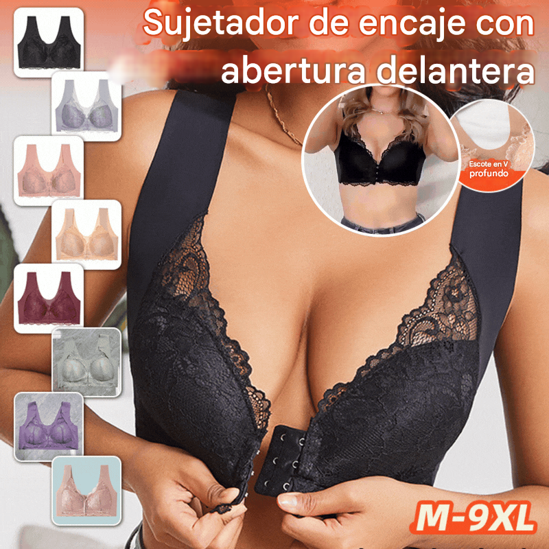 【Conjunto de 5 piezas】【40-100KG】Sujetador con efecto lifting y precioso encaje en la espalda, talla grande, con corte push-up y cierre frontal