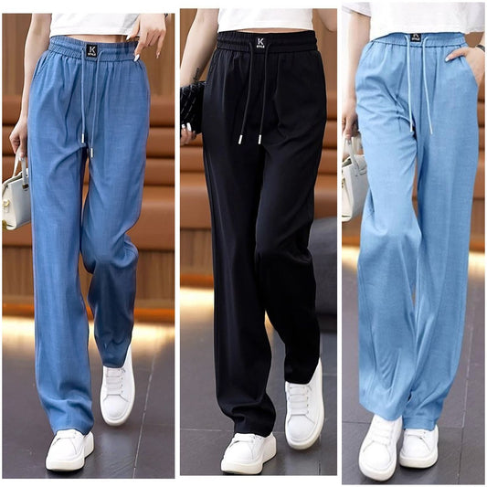 ❤️【S-3XL】Jeans de cintura alta y pierna ancha delgados de seda de hielo_3873754