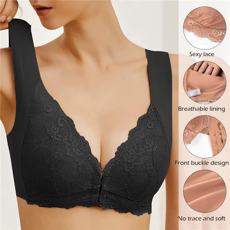 【3 piezas】Sujetador de talla grande con hebilla frontal, sexy, sin aro de acero, ropa interior con espalda hermosa