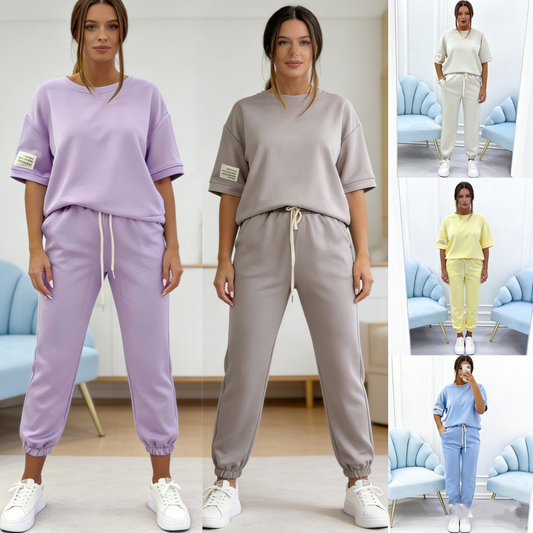 Conjunto casual de top y pantalones lisos para mujer (S-5XL)