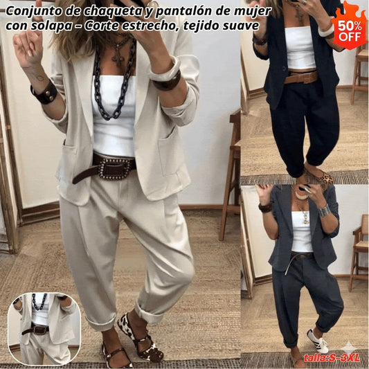 Conjunto de chaqueta y pantalón con solapa para mujer – Ajuste entallado, tela suave 【40-100kg】