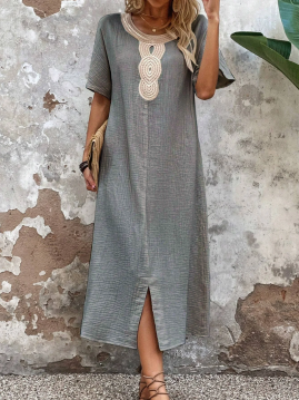 【S-3XL】Vestido de verano holgado para mujer con escote redondo, confeccionado en algodón puro y lino, con abertura.