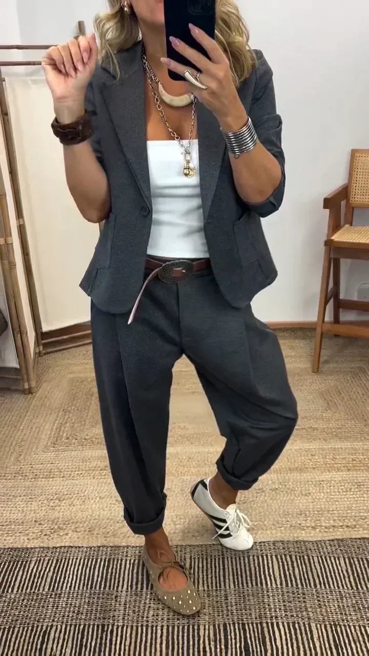 Conjunto de chaqueta y pantalón con solapa para mujer – Ajuste entallado, tela suave 【40-100kg】