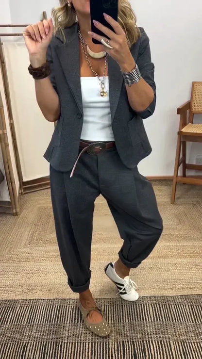 Conjunto de chaqueta y pantalón con solapa para mujer – Ajuste entallado, tela suave 【40-100kg】